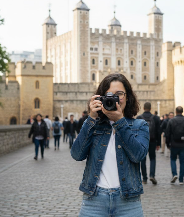 Femme prenant une photo devant la Tour de Londres, avec des visiteurs en arrière-plan.