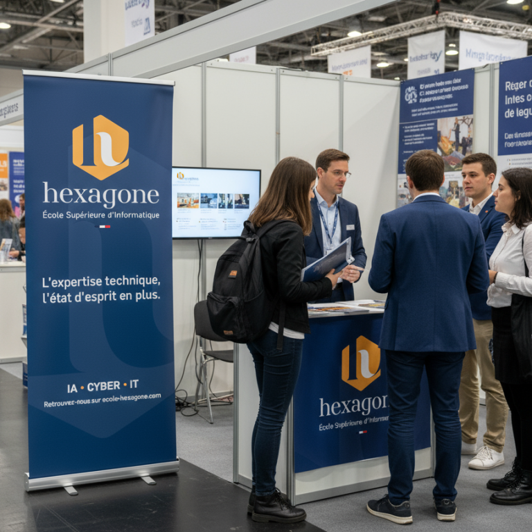 Stand d'exposition de hexagone, avec plusieurs personnes discutant devant un écran.